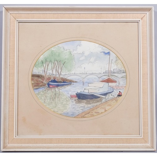 454 - 20th century watercolour study of La Seine river, with fishermen and boats, unsigned, 32cm x 26cm, f... 