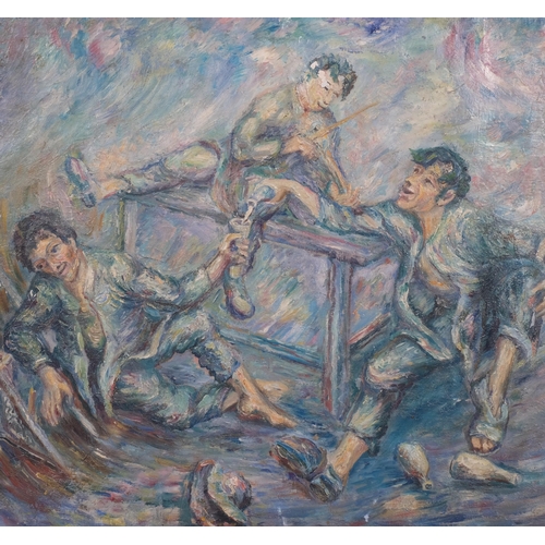 455 - Impressionist scene of 3 young men in tavern, oil on board, unsigned, 50cm x 43cm, framed