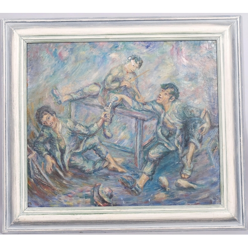 455 - Impressionist scene of 3 young men in tavern, oil on board, unsigned, 50cm x 43cm, framed