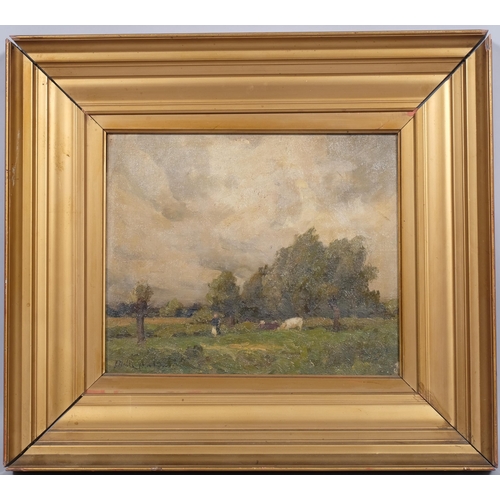 456 - Noble Barlow, cattle figures in country landscape, oil on canvas, signed, 30cm x 24cm, framed