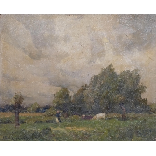 456 - Noble Barlow, cattle figures in country landscape, oil on canvas, signed, 30cm x 24cm, framed