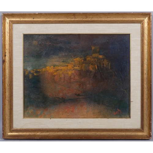 457 - A mid-20th century oil on board of town scene from a distance, indistinctly signed and dated '49, 47... 