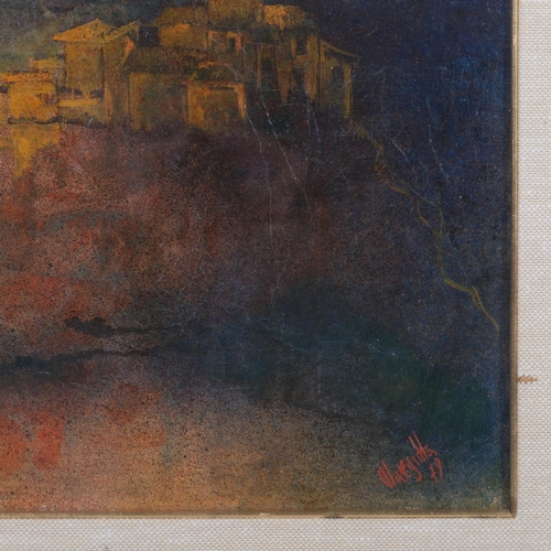 457 - A mid-20th century oil on board of town scene from a distance, indistinctly signed and dated '49, 47... 