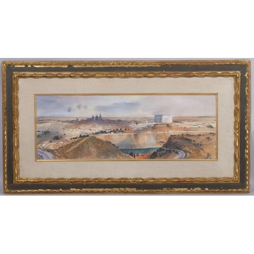 458 - Michel Ciry, a panoramic view of Toledo, watercolour on paper, signed and date -65, 72cm x 28cm, fra... 