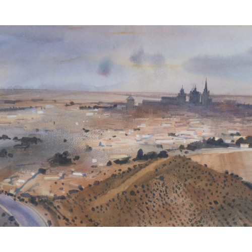 458 - Michel Ciry, a panoramic view of Toledo, watercolour on paper, signed and date -65, 72cm x 28cm, fra... 