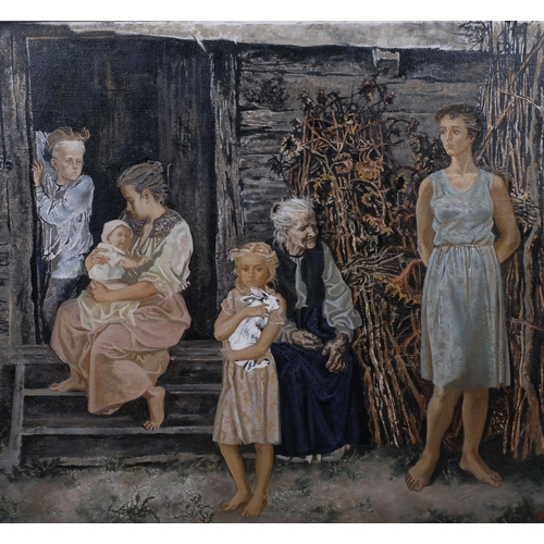 460 - Russian School, 20th century study of rural family, oil on canvas, artist's monogram, detail verso, ... 