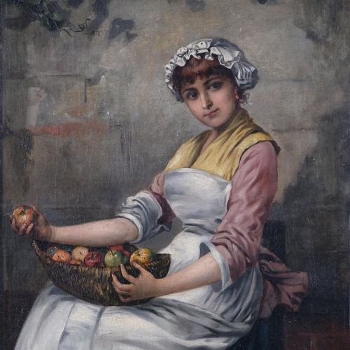 463 - M Bauer, portrait of an apple picker, 19th century oil on canvas, signed, 68cm x 48cm, unframed