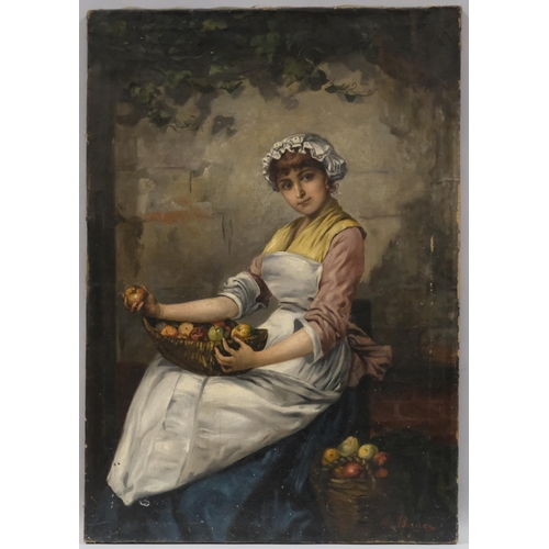 463 - M Bauer, portrait of an apple picker, 19th century oil on canvas, signed, 68cm x 48cm, unframed