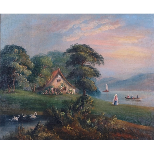 464 - Continental lake scene, thatched cottage and swans, oil on board, unsigned, 58cm x 49cm, framed