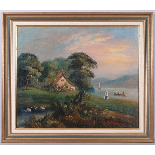 464 - Continental lake scene, thatched cottage and swans, oil on board, unsigned, 58cm x 49cm, framed