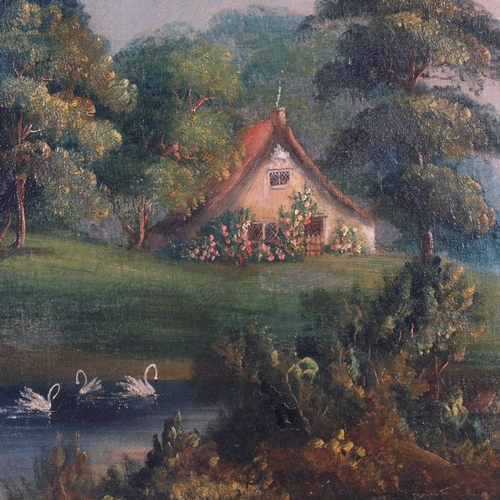 464 - Continental lake scene, thatched cottage and swans, oil on board, unsigned, 58cm x 49cm, framed