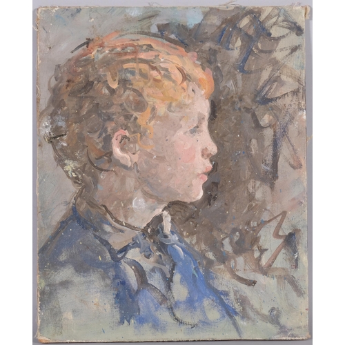 466 - Ken Howard RA (1932 - 2022), portrait study of a boy in profile, oil on canvas laid to board, unsign... 