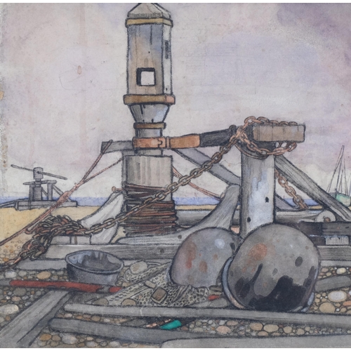 469 - Circle of Edward Wadsworth, industrial beach scene, possibly Dungeness, watercolour on paper, unsign... 