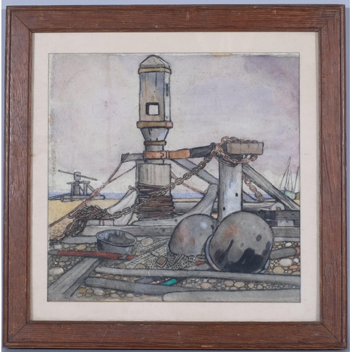 469 - Circle of Edward Wadsworth, industrial beach scene, possibly Dungeness, watercolour on paper, unsign... 