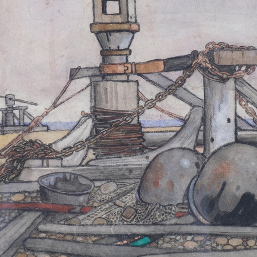 469 - Circle of Edward Wadsworth, industrial beach scene, possibly Dungeness, watercolour on paper, unsign... 