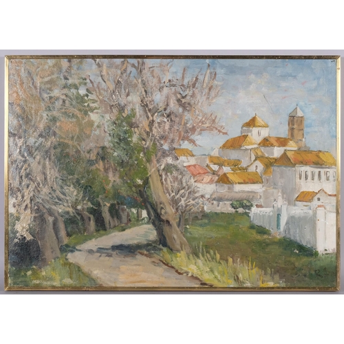 470 - Impressionist School, town view with church, oil on board, monogram RS, 54cm x 38cm, framed