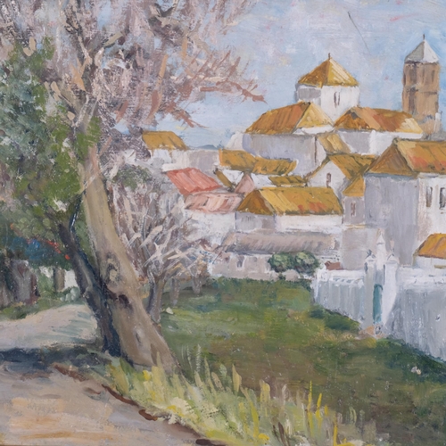 470 - Impressionist School, town view with church, oil on board, monogram RS, 54cm x 38cm, framed