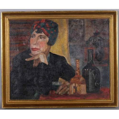 474 - Bloomsbury School, portrait study of a woman seated in a bar, oil on canvas, unsigned, 53cm x 42cm, ... 