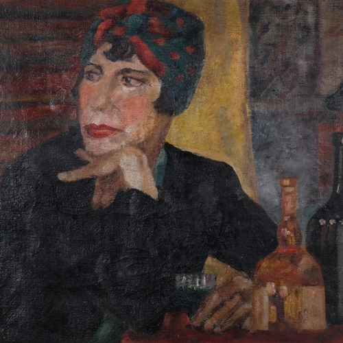 474 - Bloomsbury School, portrait study of a woman seated in a bar, oil on canvas, unsigned, 53cm x 42cm, ... 