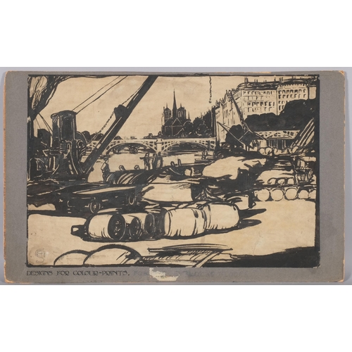 481 - Circle of Frank Brangwyn, Paris scene, design for poster print, ink study, indistinct signature, 48c... 