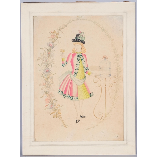 482 - Circle of Rex Whistler, 1940s girl with a birdcage, watercolour on paper, unsigned, 41cm x 29cm, mou... 