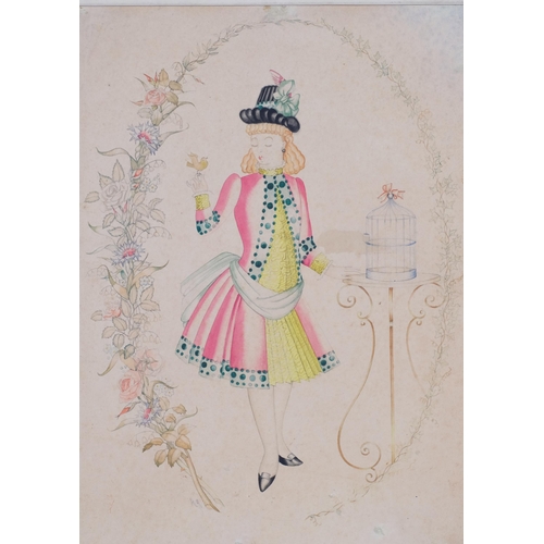 482 - Circle of Rex Whistler, 1940s girl with a birdcage, watercolour on paper, unsigned, 41cm x 29cm, mou... 