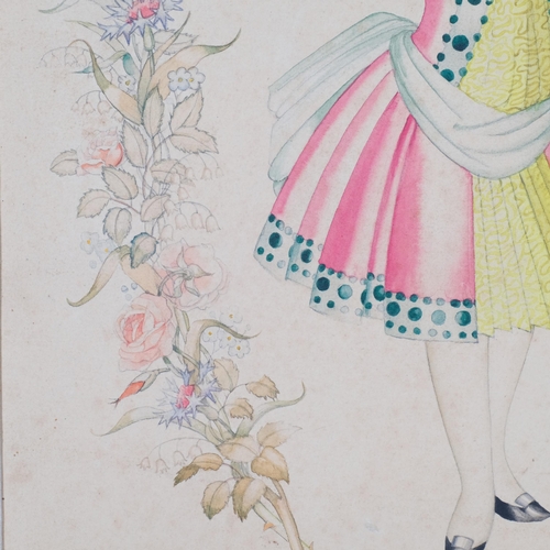 482 - Circle of Rex Whistler, 1940s girl with a birdcage, watercolour on paper, unsigned, 41cm x 29cm, mou... 