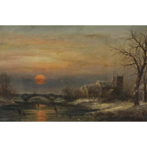 488 - Vivian Crome?, late 19th/early 20th century oil on canvas, frozen river scene at sunset, 44cm x 29cm... 