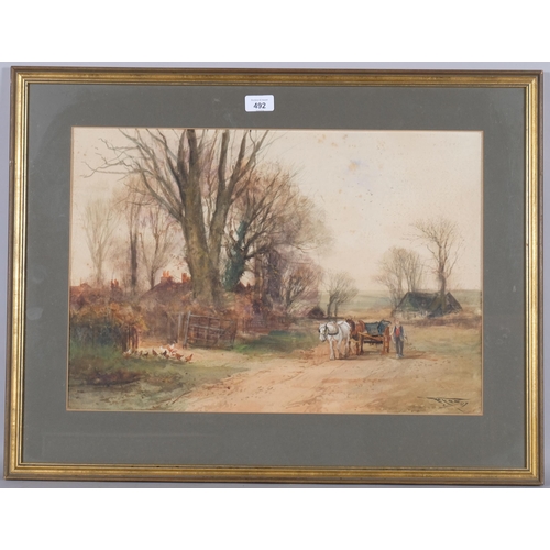 492 - Late 19th/early 20th century horse cart on track, watercolour on paper, indistinctly signed, 54cm x ... 