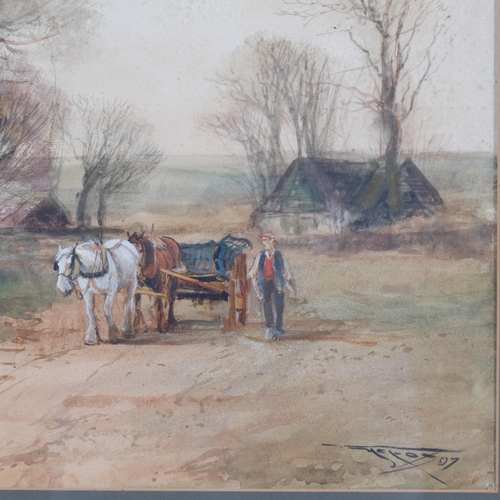 492 - Late 19th/early 20th century horse cart on track, watercolour on paper, indistinctly signed, 54cm x ... 