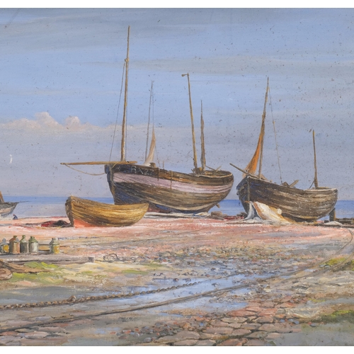 499 - Early 20th century oil on board, fishing boats on shore, indistinctly signed, 48cm x 39cm, framed