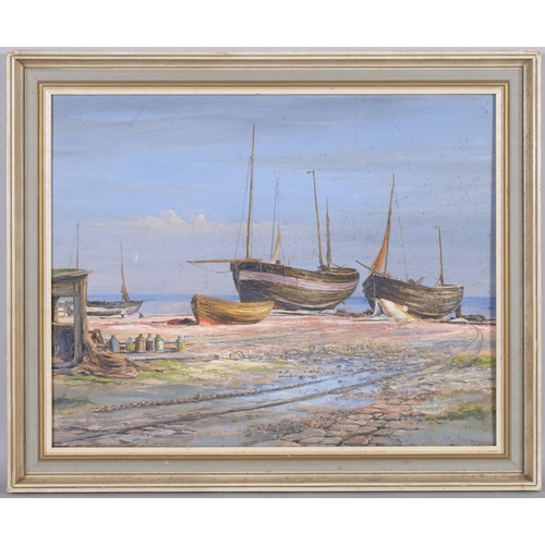 499 - Early 20th century oil on board, fishing boats on shore, indistinctly signed, 48cm x 39cm, framed