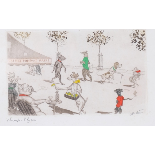 506 - 3 Boris O'Klein coloured etchings, Dirty Dogs of Paris Series, signed in pencil, individually framed... 