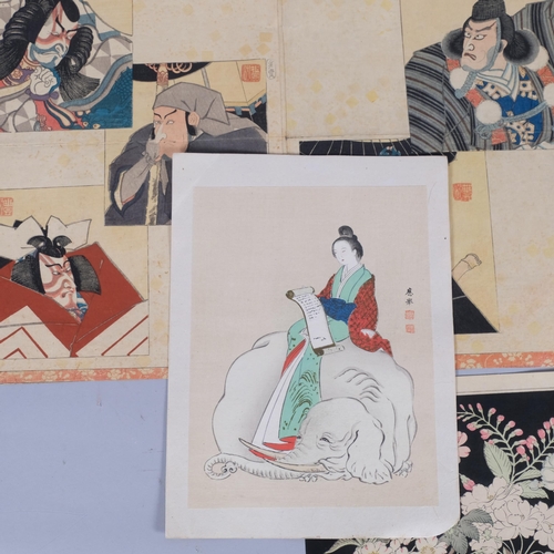 521 - Japanese woodblock triptych, kabuki actors, 35cm x 25cm each, together with 1 other Japanese woodblo... 