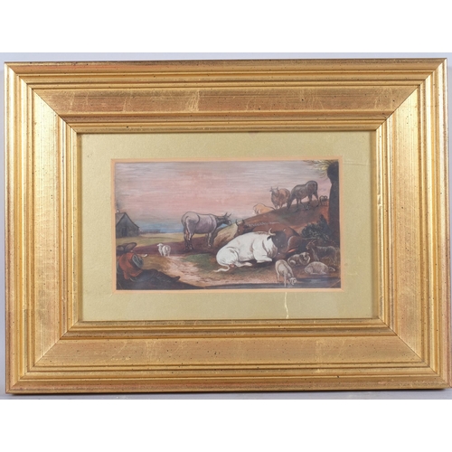 523 - 18th/19th century gouache, herdsman with cattle and sheep, unsigned, 17.5cm x 10cm, framed