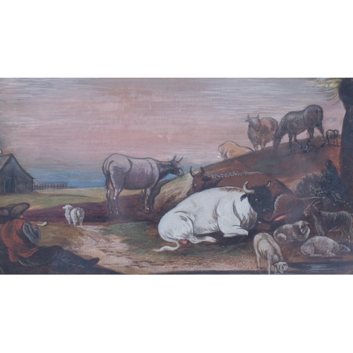 523 - 18th/19th century gouache, herdsman with cattle and sheep, unsigned, 17.5cm x 10cm, framed