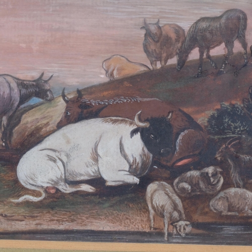 523 - 18th/19th century gouache, herdsman with cattle and sheep, unsigned, 17.5cm x 10cm, framed