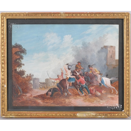 524 - Middle Eastern 19th century battle scene, gouache, unsigned, 22cm x 17cm, framed