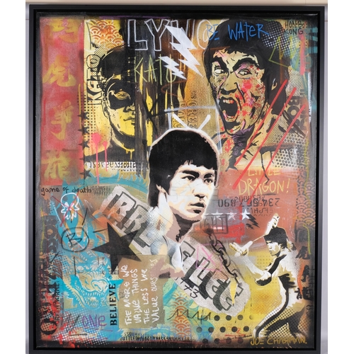 539 - Joe Charman, featuring Bruce Lee, street art, mixed media painting on canvas, signed to front, and s... 