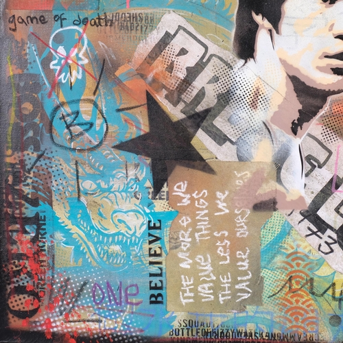 539 - Joe Charman, featuring Bruce Lee, street art, mixed media painting on canvas, signed to front, and s... 