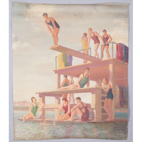 541 - A 1930s stylised swimming pool scene featuring divers, oil on canvas, 76cm x 90cm, unframed and stor... 