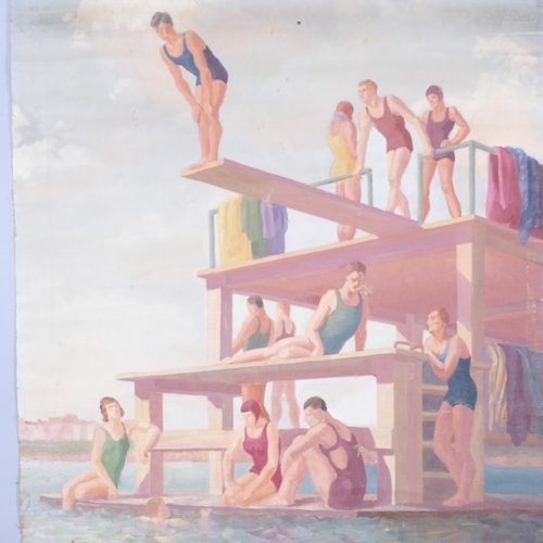 541 - A 1930s stylised swimming pool scene featuring divers, oil on canvas, 76cm x 90cm, unframed and stor... 