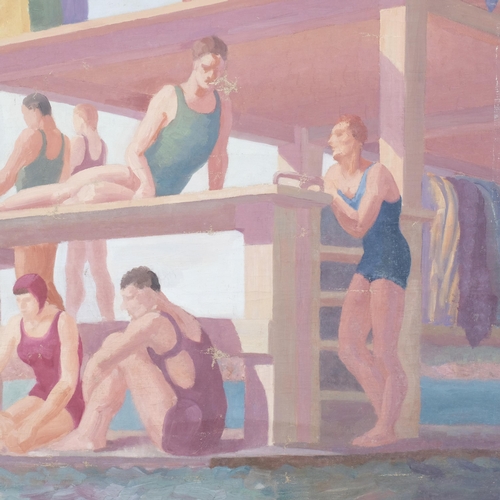 541 - A 1930s stylised swimming pool scene featuring divers, oil on canvas, 76cm x 90cm, unframed and stor... 