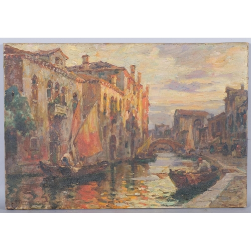 544 - A Ferretti, impressionist Venetian canal scene, oil on canvas, 36cm x 53cm, unframed