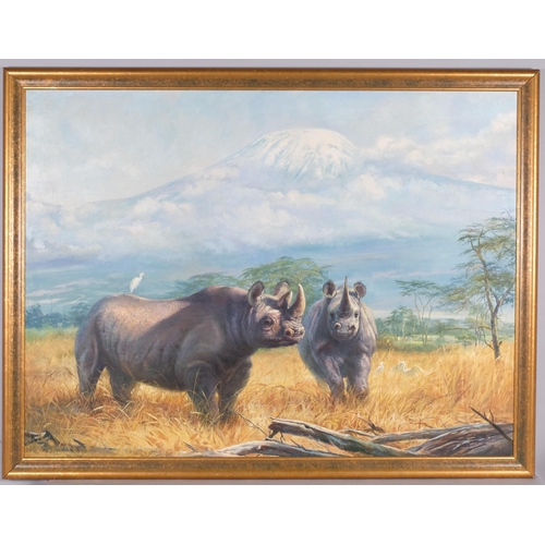 548 - Arthur Spencer Roberts (1920 - 1997), rhino in the bush under Mount Kilimanjaro, oil on canvas, sign... 