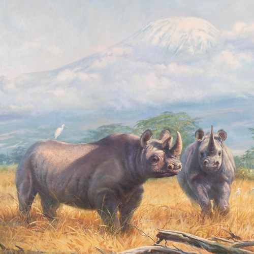 548 - Arthur Spencer Roberts (1920 - 1997), rhino in the bush under Mount Kilimanjaro, oil on canvas, sign... 