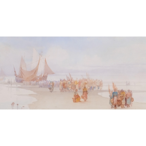 549 - Attributed Fanny Mearns, unloading the fishing boats, watercolour, unsigned, 75cm x 25cm, framed