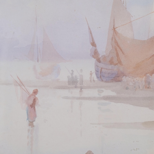 549 - Attributed Fanny Mearns, unloading the fishing boats, watercolour, unsigned, 75cm x 25cm, framed