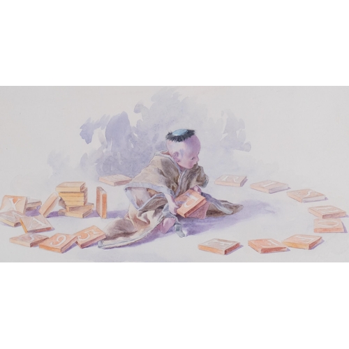 557 - American Chinese School, watercolour, child with alphabet blocks, unsigned, 53cm x 37cm, framed