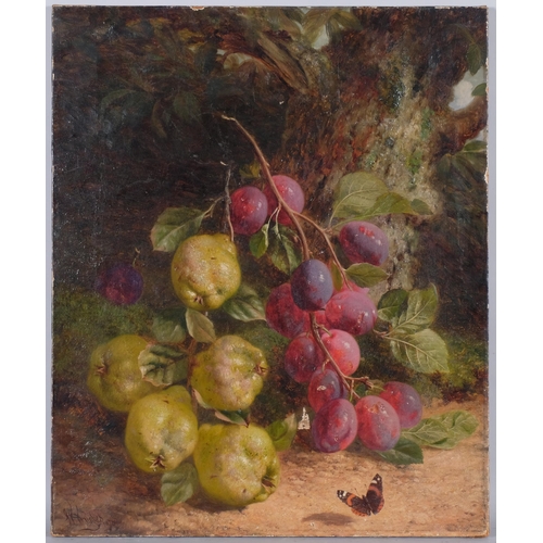 568 - William Hughes, still life fruit and butterfly, oil on canvas, signed and dated 1878, 58cm x 48cm, u... 